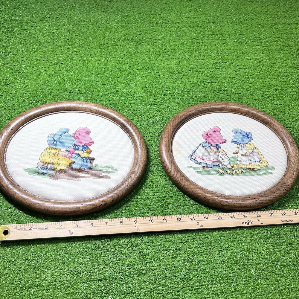 Vintage Cross Stitch Framed Roomed Decor Sisters Farm‎ Chickens Family 10x 10